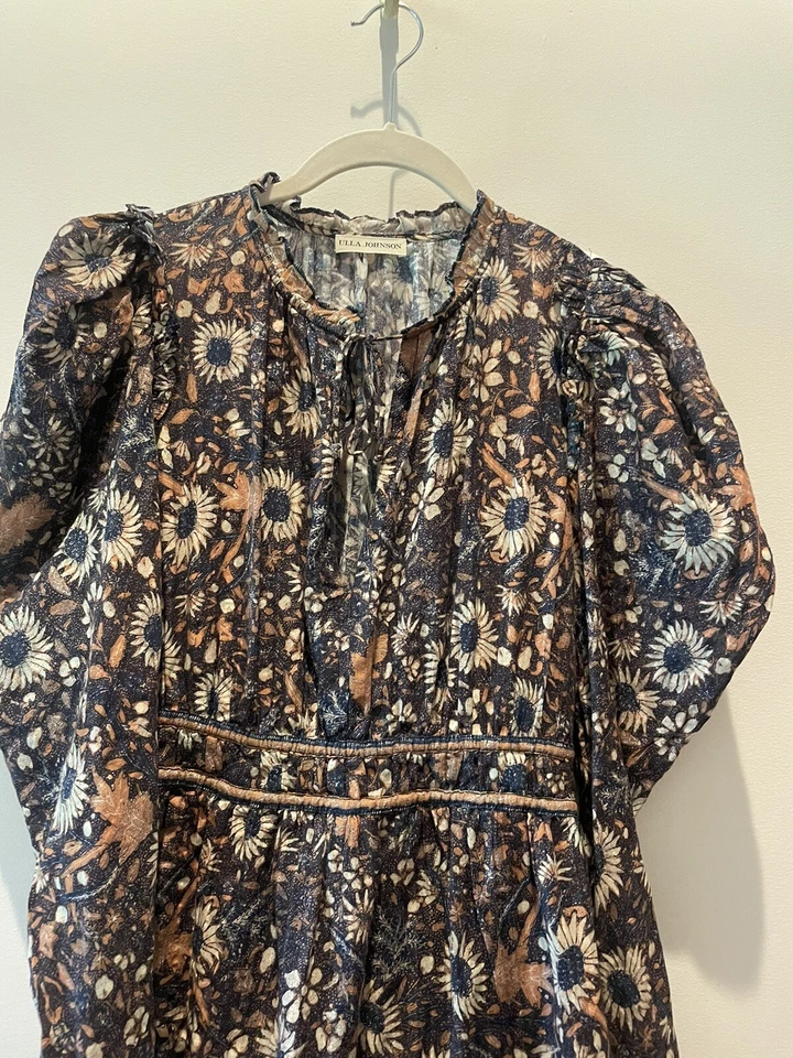 Ulla Johnson 柳树黑曜石花卉印花迷你连衣裙长袖小号 — 第 3/4 张图片