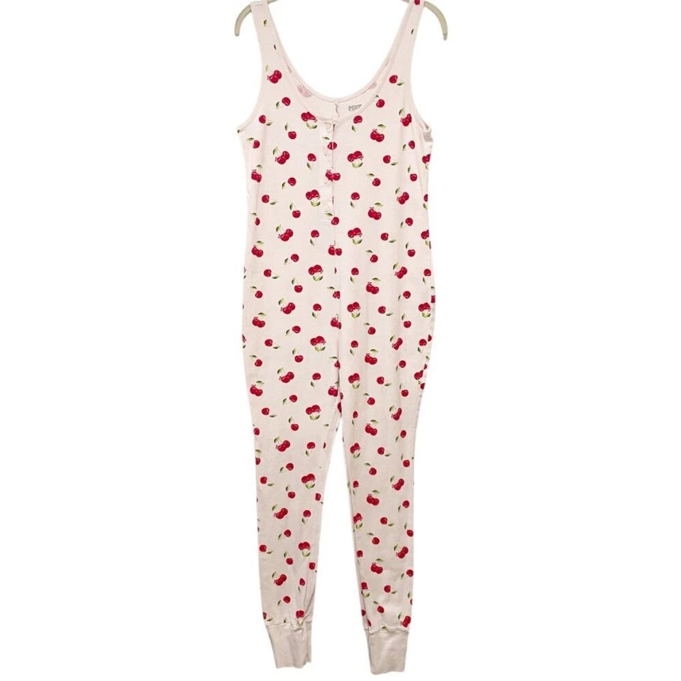 VS Rosa Polvo Rosa Estampado Cereza Pijama Mono Sin Mangas S Kidcore SoftGirl Foto 2 de 4