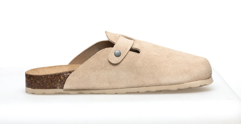 Echt Leder Pantoletten Damen Sandalen Hausschuhe Bio Fußbett Korksohle beige - Bild 3 von 4
