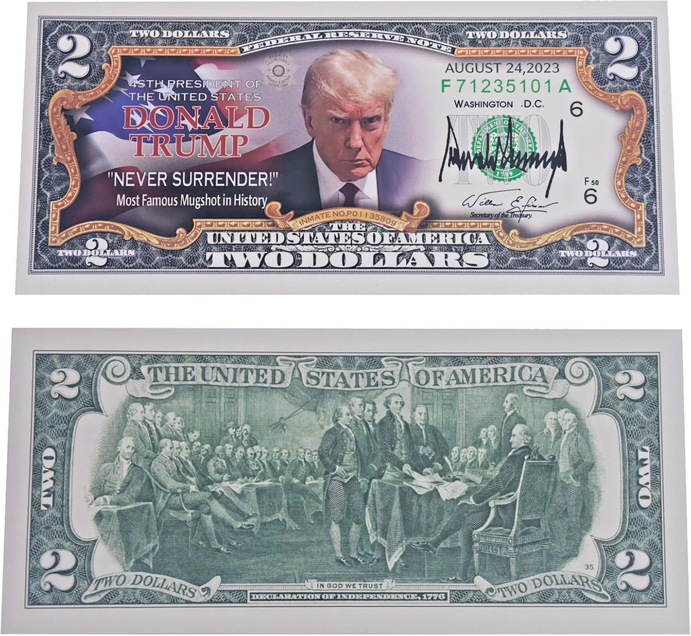 Donald J Trump 2024 -$2 Dollar Bill Never Surrender Novelty Funny Money & Sleeve