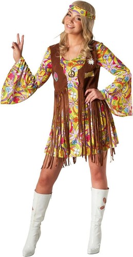 Womens 1970s Hippie Costume S - XL Ladies 70s Flower Power Hippy Dress Halloween - 第 1/6 張圖片
