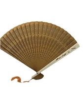 Vintage Asian Decorated Wooden Fan 8.5 Inch Long W Glass Top Box
