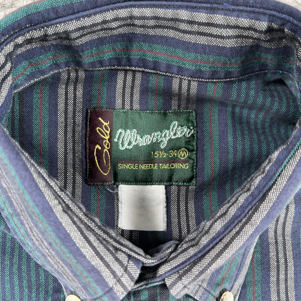 VTG Wrangler Shirt Mens Medium M Blue Green Stripe Gold Logo Western Button Down - Image 4 of 4