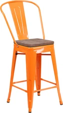 24" Industrial Style Orange Metal Counter Height Restaurant Stool with Wood Seat