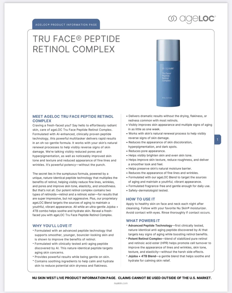 NuSkin Nu Skin ageLOC Tru Face Peptide Retinol Complex - NEW PRODUCT - 09/2027 - Image 2 of 4