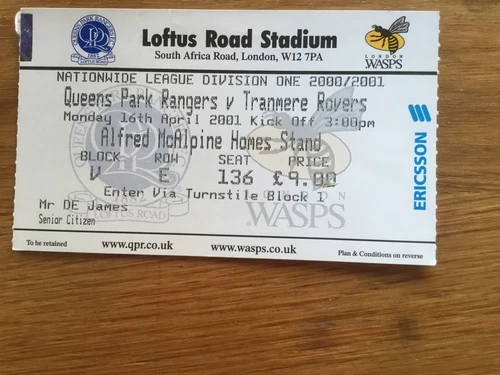 Ticket Queen’s Park Rangers V Tranmere Rovers 2001