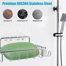 Soap Dish Bar Holder Shower Wall Mounted Hooks Stainless Steel Adhesive Bathroom