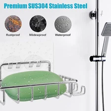 Soap Dish Bar Holder Shower Wall Mounted Hooks Stainless Steel Adhesive Bathroom