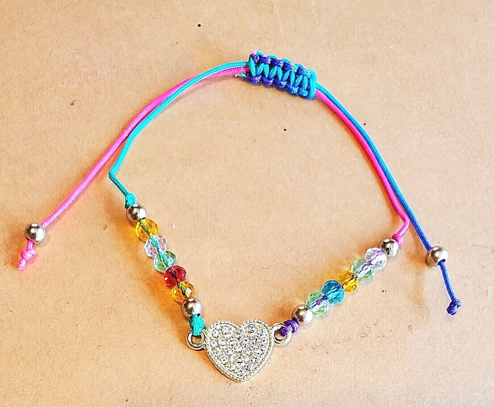 Rainbow Beaded Heart Bracelet Anklet – Adjustable Slide Knot Protection Jewelry