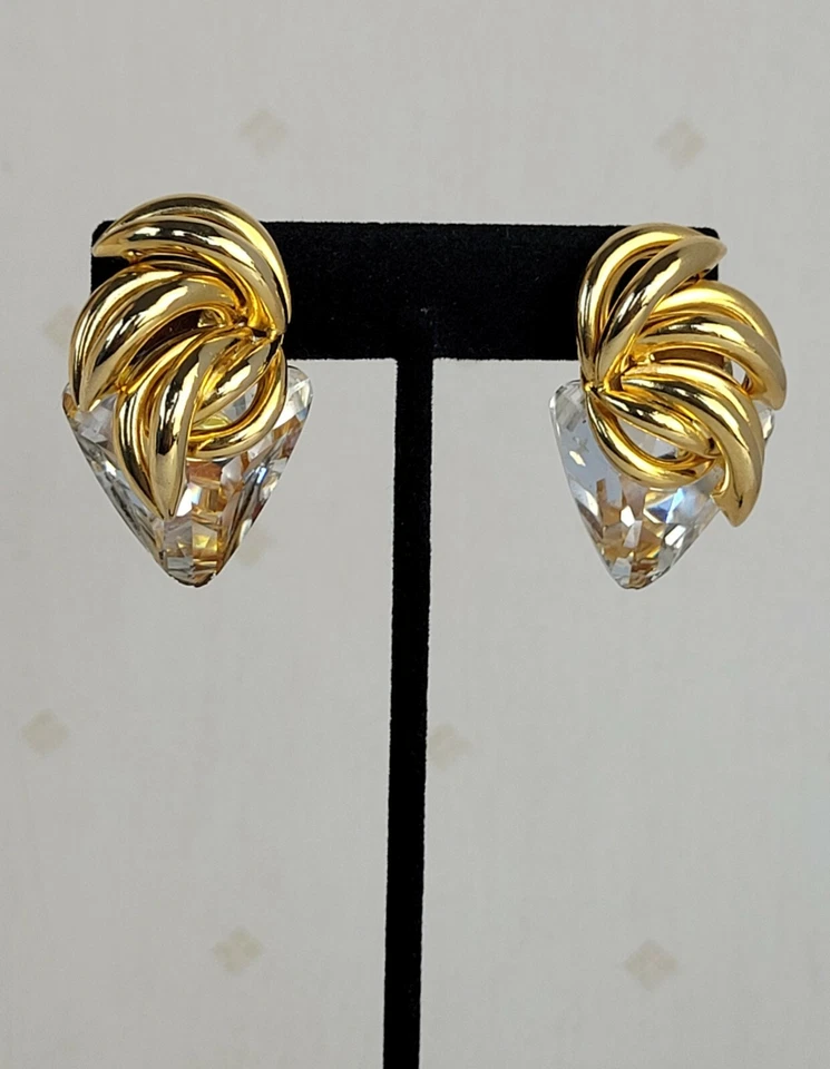 Gold 10K Plated Chunky Statement Triangle Faceted Clear Stone Clip Earrings - Image 3 of 4