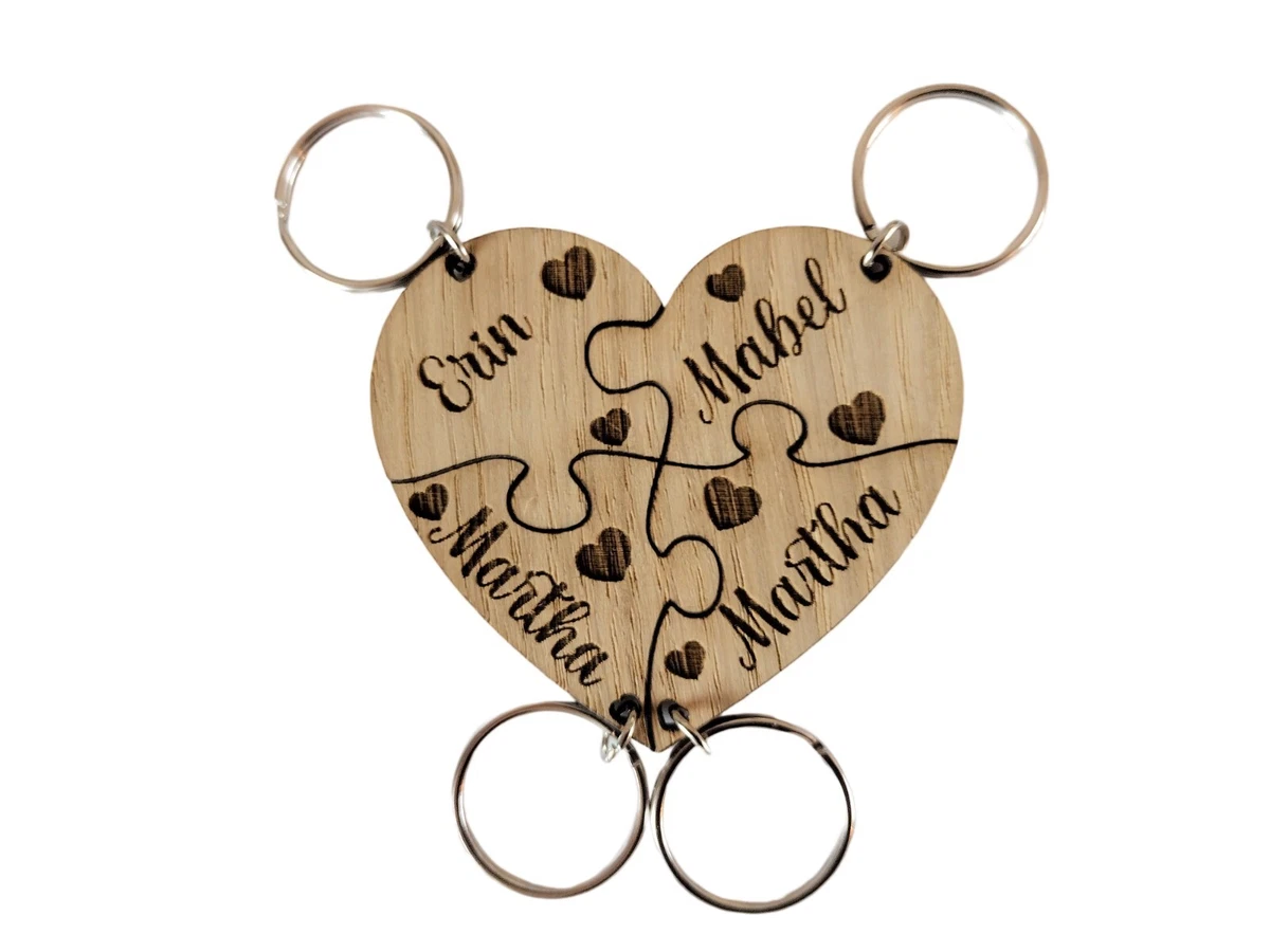 Wooden Heart Shaped Keyring Personalised Puzzle Family Jigsaw