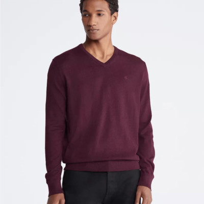 CALVIN KLEIN Tawny Port Extra Fine Merino Washable V Neck Sweater-L
