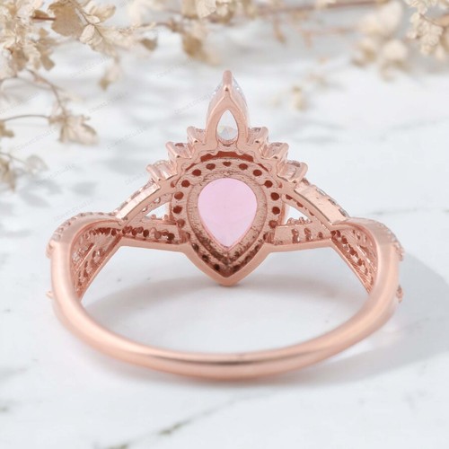 925 Sterling Silver 7X5MM Pear Natural Rose Quartz Ring Cubic Zirconia Ring - Picture 9 of 9