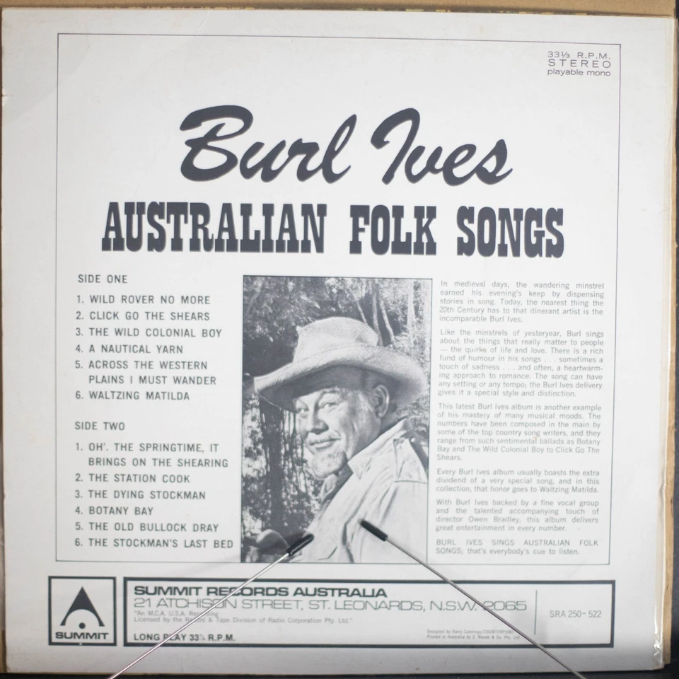 BURL IVES - AUSTRALIAN FOLK SONGS - Vinyl LP - Summit - 1959 - VG FREE POST 3195 - Image 4 of 4