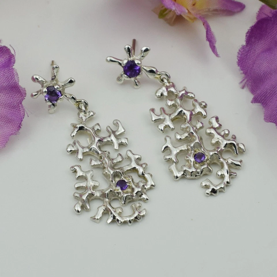 Orecchini pendenti in argento sterling 925 con pietra preziosa ametista... - Immagine 4 di 4