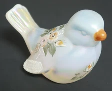 Bird Sparrow Fenton White Iridescent Hand Painted w/Flowers Signed Frosted Wings