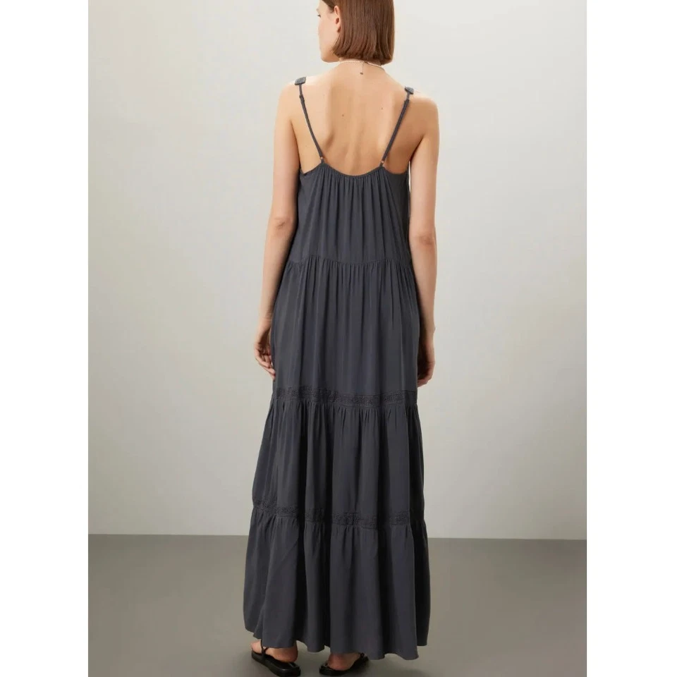 Espléndido Maxi Vestido Solero Gris Oscuro con Volantes en Niveles MEDIANO Bordado Boho $188 Foto 3 de 4