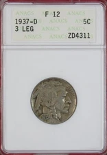 1937-D 3 LEG BUFFALO NICKEL ANACS F12 *OLD SOAPBOX SLAB*