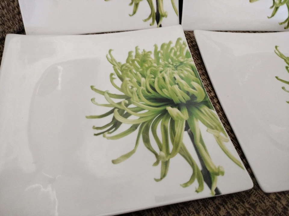 Set Of 4 Crate & Barrel White CB2 9 1/2" Dinner Heavy Square Plate Spider Mum - Image 2 of 4