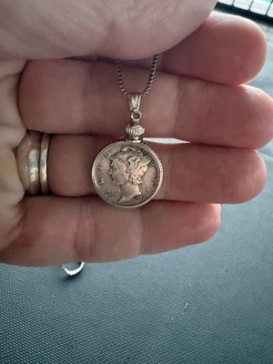 Beautiful Silver Mercury Dime Necklace   Authentic Silver Coin   20in Adjustable