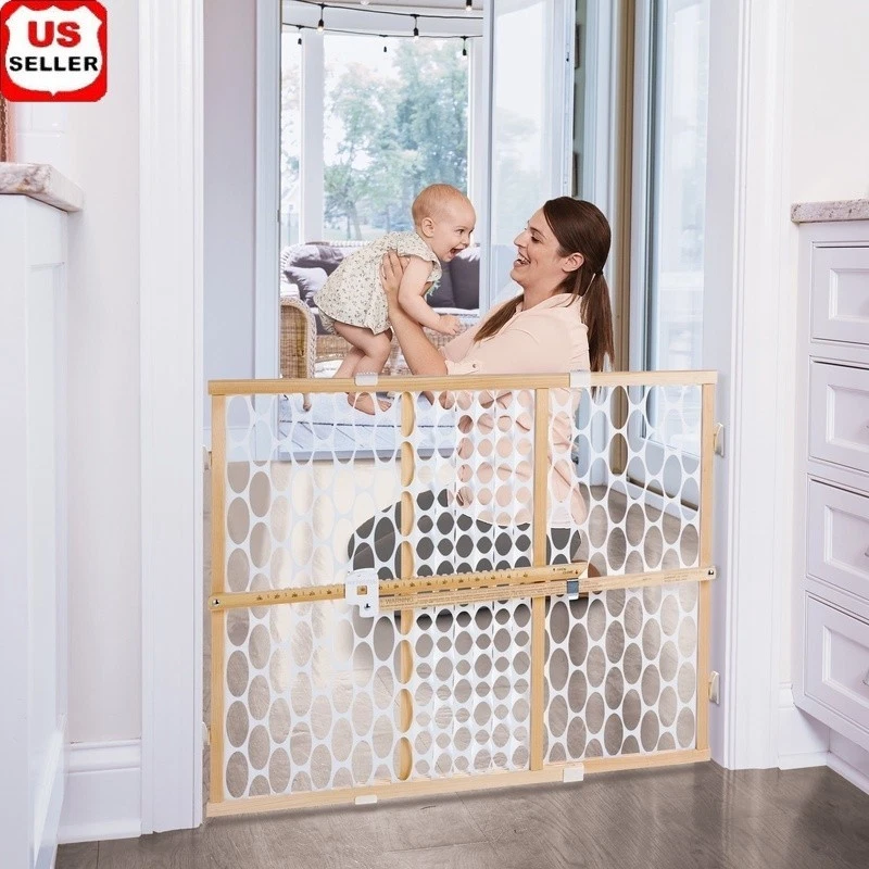 Adjustable Baby Safety Gate Quick-Fit Mesh Wood Doorway Hallway 26.5-42in New