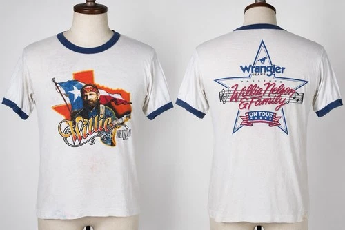 Willie Nelson Wrangler Jeans On Tour Ringer T-S 1980s vintage concert t-shirt, vintage, size L, single stitch, B+ condition