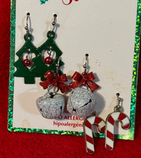 NWT 3 Pairs of Christmas Earrings Candy Canes Silver Bells Dangle Christmas Tree