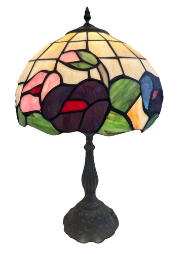 19” Vintage Tiffany Style Stained Glass Table Lamp Hummingbird Floral Shade