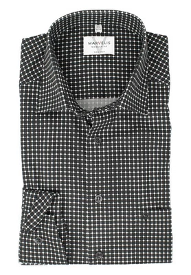 Marvelis Herren Businesshemd Modern Fit Kent Kragen Langarm Muster Schwarz/Weiß - Bild 1 von 4