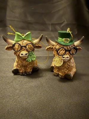 2026 Hobby Lobby St. Patrick's Highland Cows Set (NEW) 3  Ornament Set