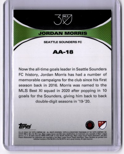 2025 Topps MLS 30th Anniversary Jordan Morris Anniversary Accolades Orange /25 - Picture 2 of 2