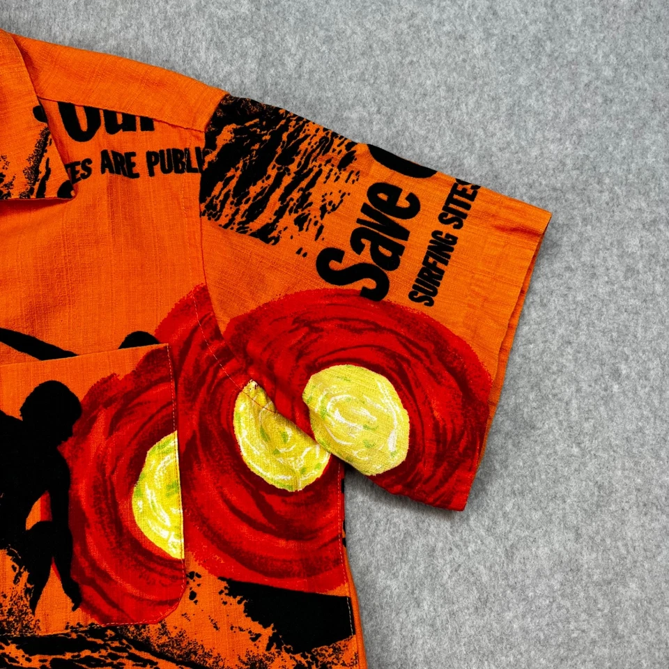 Vintage 1960s Evelyn Margolis Button up Shirt Mens XL Orange Save Our Surf *Rare - Image 4 of 4