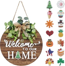 Interchangeable Seasonal Welcome Sign Front Door Decoration, Rustic round Wood W