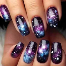 24pcs Galaxy Gradient Square Short Nail Tips Set, Mixed Color System, Glossy