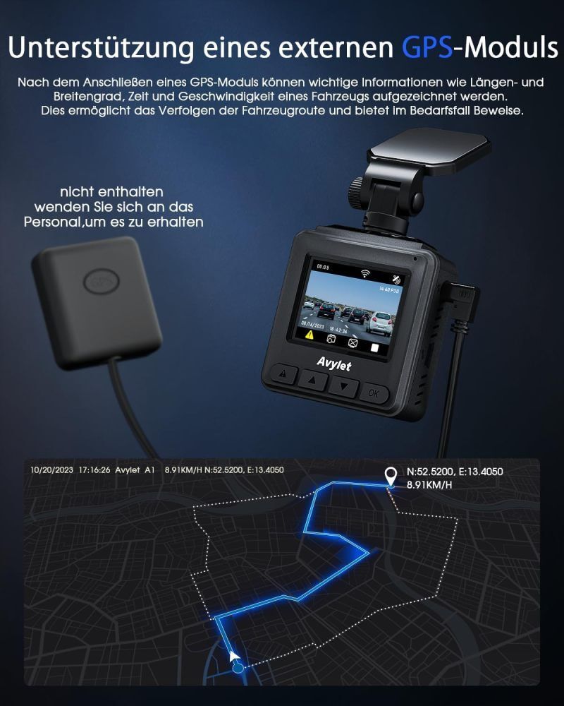Dashcam Auto WiFi 2K Mini Vorne Autokamera GPS WDR Nachtsicht IPS-Bildschirm