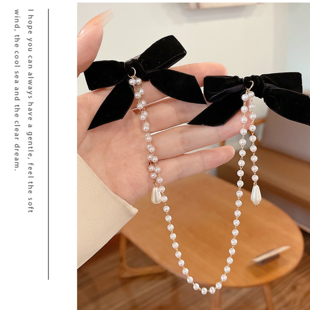 Elegant Bow Pearl Chain Hairpins Velvet Hair Clips Fashion Hair