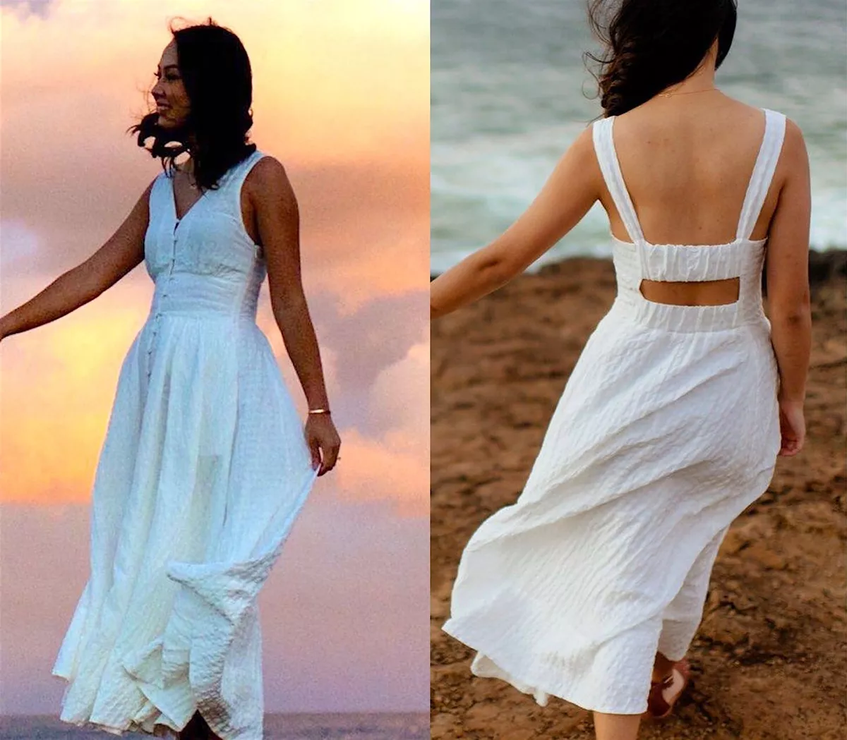 COUNTRY ROAD White Seersucker Linen Blend Cutout Back Fit Flare