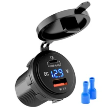 12-24V USB C 3 Port Fast Car Charger PD & QC3.0 Outlet Socket for Boat RV Marine