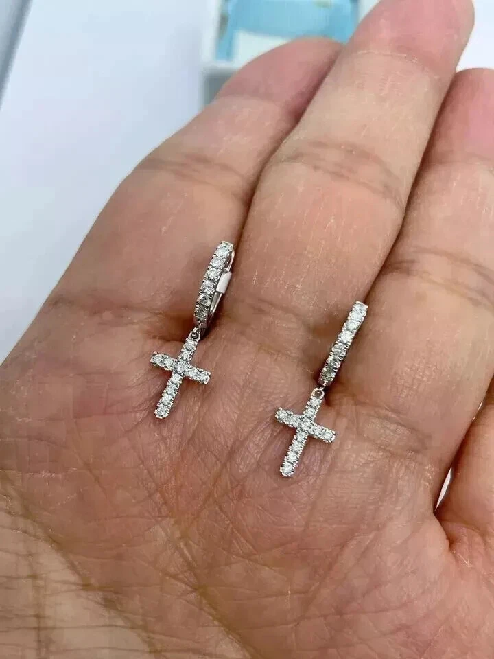 1.00Ct Round Real Moissanite Cross Drop & Dangle Earrings 14K White Gold Plated - Image 3 of 4