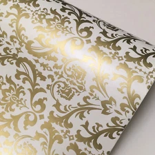 Gold & White Damask Scroll Vinyl Contact Paper Shelf Liner Wallpaper Peel Stick 