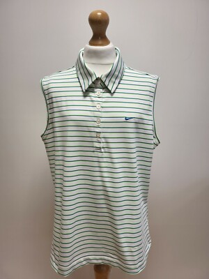 A139 DAMEN NIKE GOLF WEISS GRÜN 1/4 KNOPF ÄRMELLOSES POLOSHIRT UK L 12 EU 40