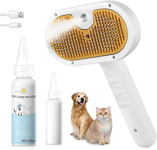 Pet Steam Brush for Dog & Cat – 3-In-1 Spray Hair Removal Comb – Steam Brush for