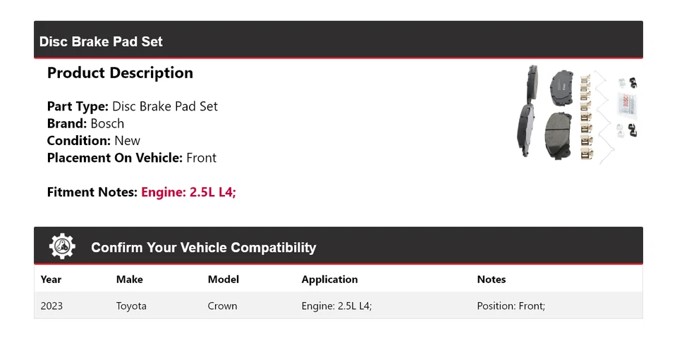 Pastilhas de freio dianteiras de cerâmica para 2023 Toyota Crown 2.5L L4 Bosch QuietCast - Imagem 2 de 4