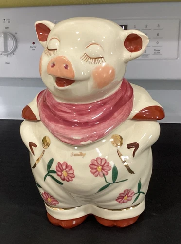 VINTAGE SHAWNEE POTTERY SMILEY PIG~ "Chrysanthemum "GOLD" 1940s Cookie Jar