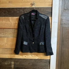 Basler Black Jacket Blazer 3 Button Women’s Faux Leather Accents 