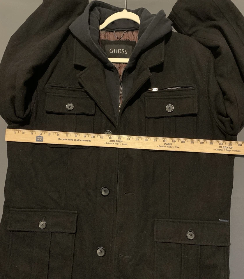 GUESS Heavyweight Pea Coat Mens XL Black Wool Blend with Removable Hood Utility - Image 3 of 4