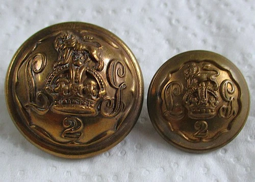 2x British Army:"2nd LIFE GUARDS BRASS BUTTONS" (25mm-19mm, WW1, 1902-1922 Era)