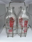 Bridgeman 4 - One Quart Glass Milk Bottles With A Metal Carrier - Vintage
