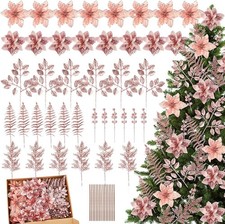 40 Pcs Christmas Glitter Artificial Poinsettia Flowers Picks and Artificial Trop