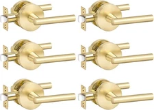 6 Pack Brushed Gold Passage Door Handles, Heavy Duty Zinc Alloy, Brushed Brass C